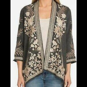 Johnny Was Othilia Embroidered Floral Crane Kimono Cardigan Sweater grey large